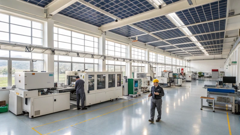 Interior view of a modern manufacturing facility with advanced machinery and workers.