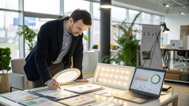 Businessman analyzing LED lighting products in a modern office