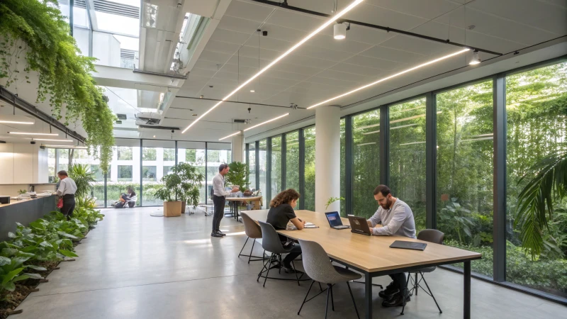 Modern office space with employees collaborating and plants