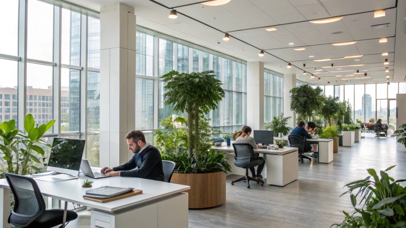 A modern office space with employees working and plants around.