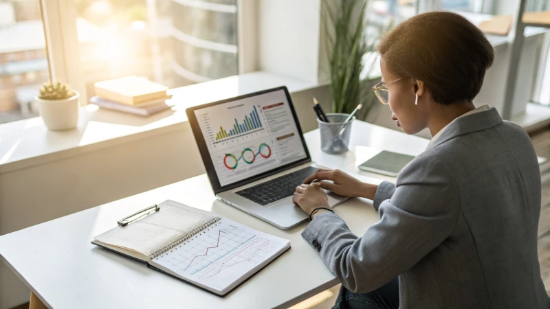 A professional in a modern office reviewing metrics on a laptop