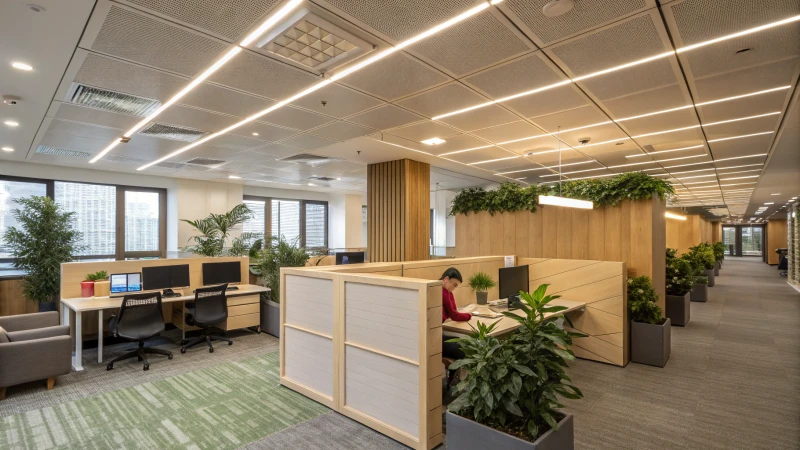 A modern office with advanced LED lighting and eco-friendly materials