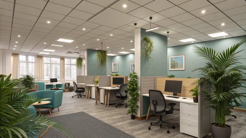 Modern office interior with soft lighting and plants