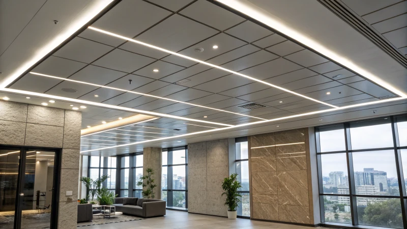 Modern office interior with advanced LED lighting and large windows