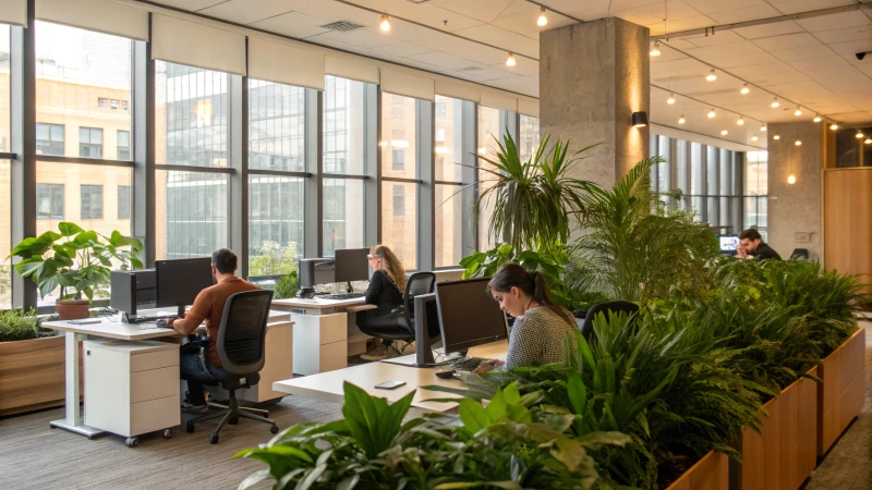 A modern office interior with employees working at desks.
