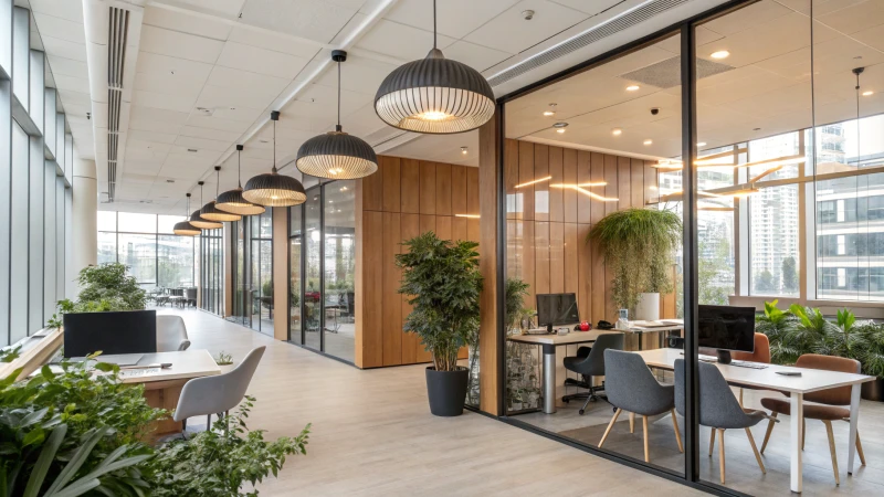 Modern office interior with natural light and stylish furniture