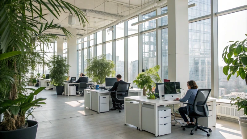 Modern office with natural light and greenery