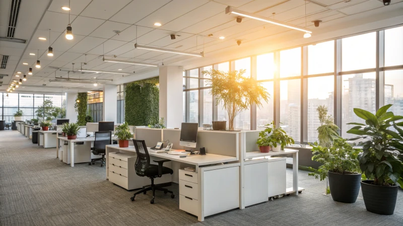 Modern office space with ergonomic desks and greenery