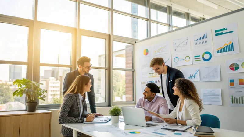 A diverse team discussing quality and compliance in a modern office.