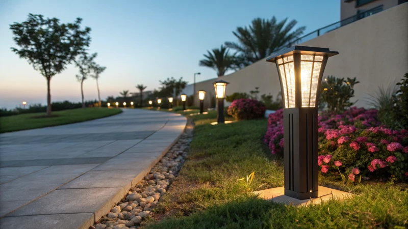 A modern outdoor lighting fixture illuminating a garden pathway at night.