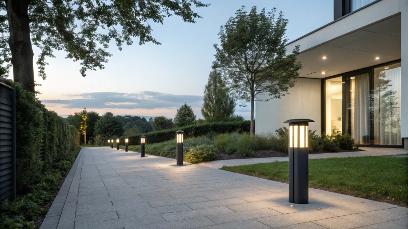 A modern outdoor pathway illuminated by LED bollard lights at dusk.