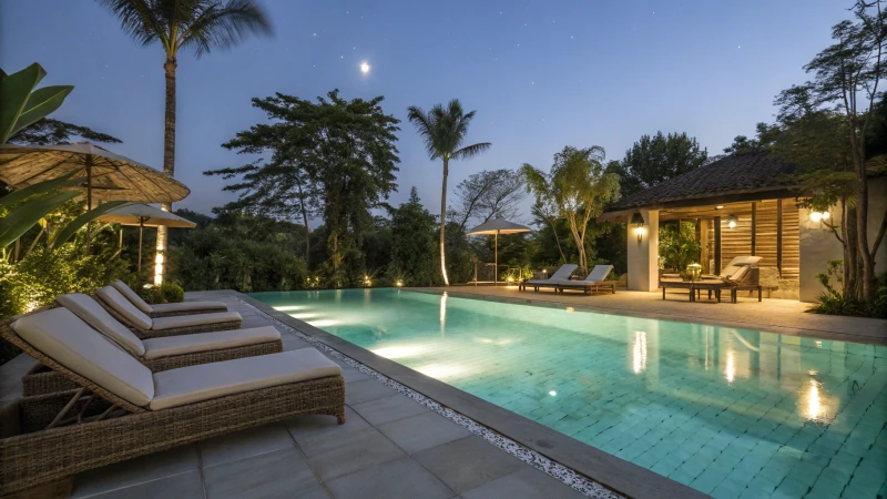 A modern outdoor swimming pool at night with illuminated LED lights