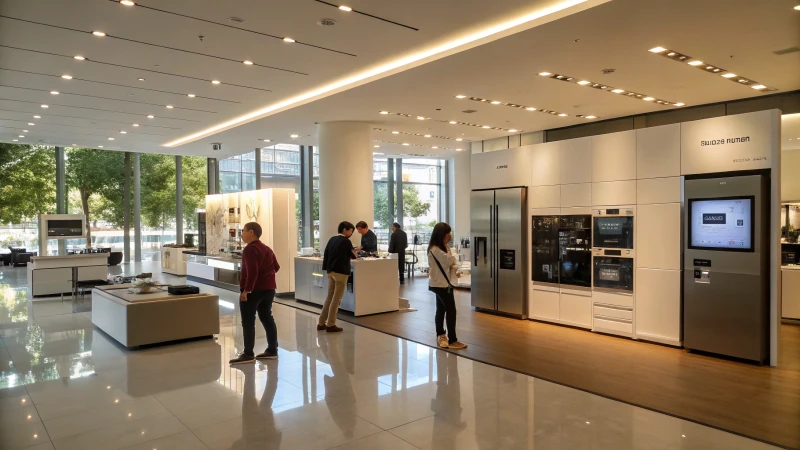 A modern showroom with high-end products and customers exploring