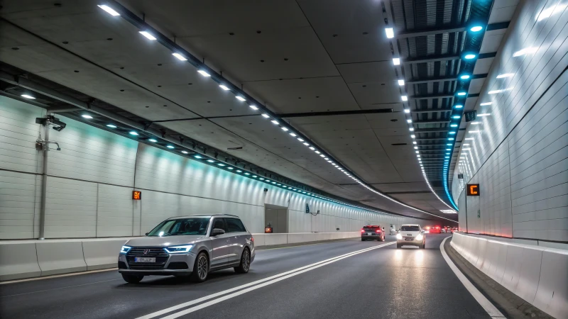 Brightly illuminated modern underground tunnel with vehicles