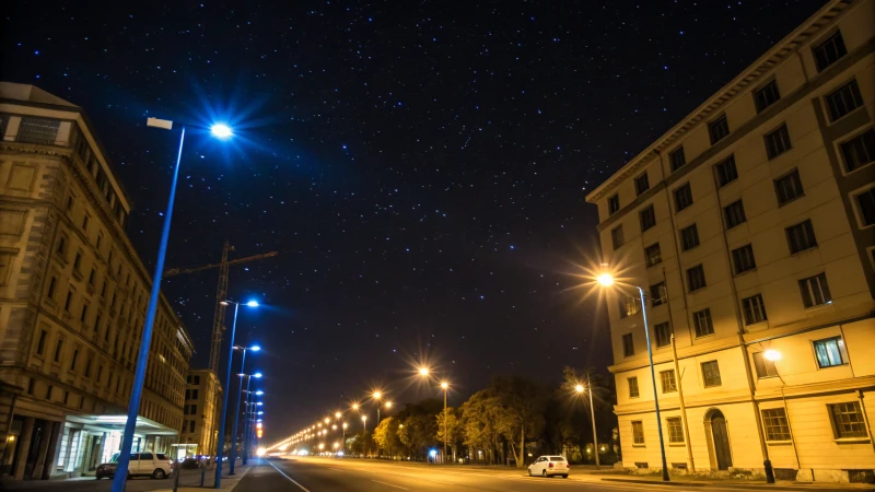 Cityscape at night showing contrast between blue and yellow streetlights