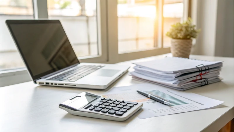 An organized office desk with a calculator and financial documents