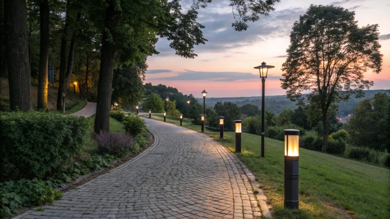A serene park pathway illuminated by LED lights at dusk