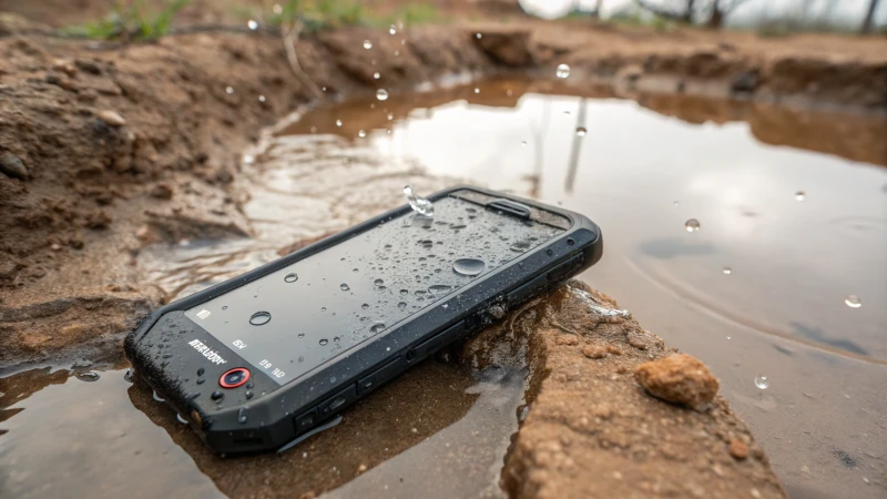 Rugged smartphone partially submerged in water with droplets