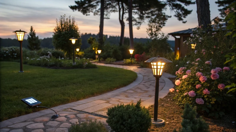 A serene garden illuminated by energy-efficient lighting