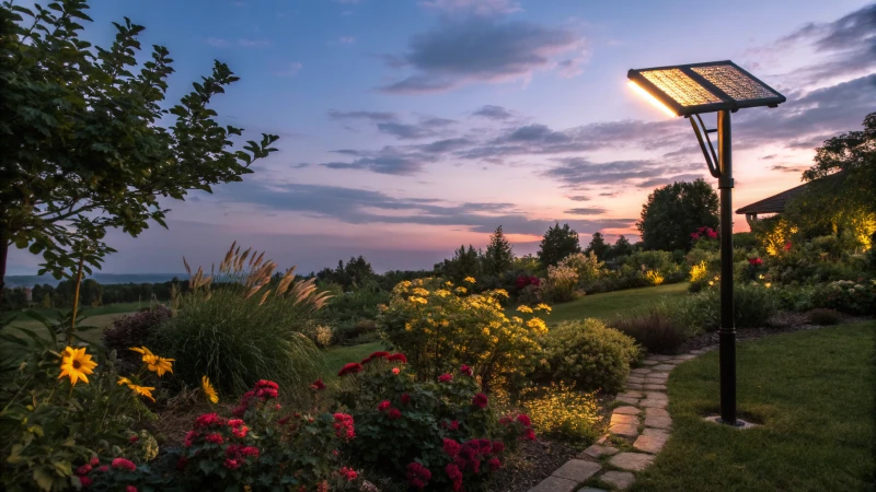 A serene garden illuminated by a solar LED light at dusk.