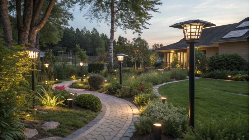 A serene garden at dusk with eco-friendly lighting