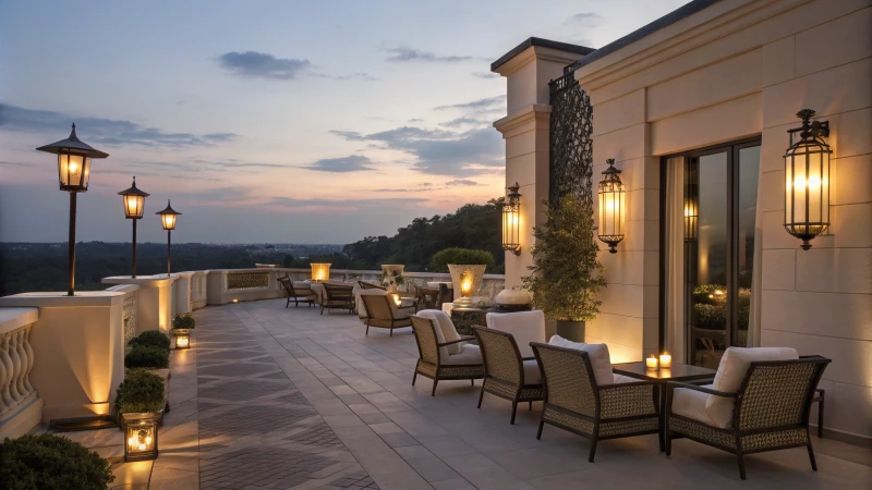 Serene outdoor patio at dusk with warm lighting