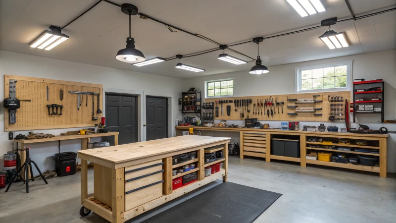 A well-organized garage workshop filled with tools and equipment