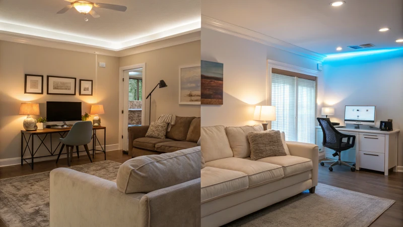 A split image showing a cozy living room on the left and a modern office on the right.