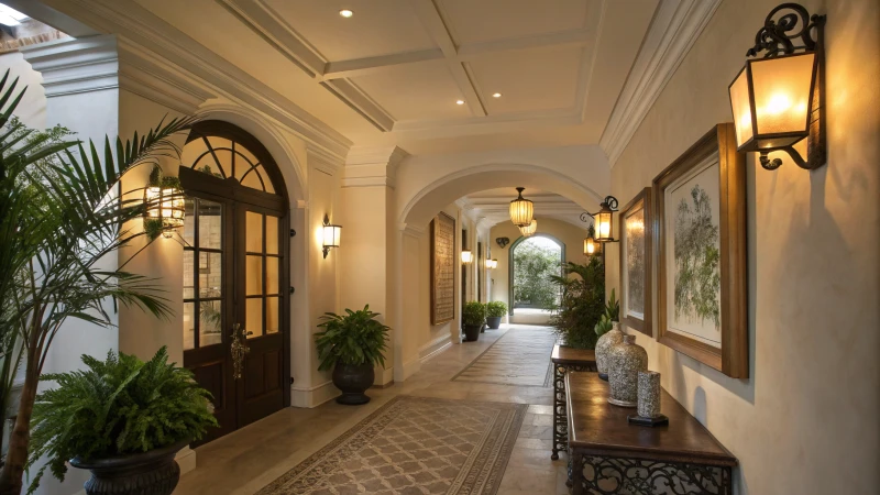 A stylish hallway with ambient lighting and decorative elements