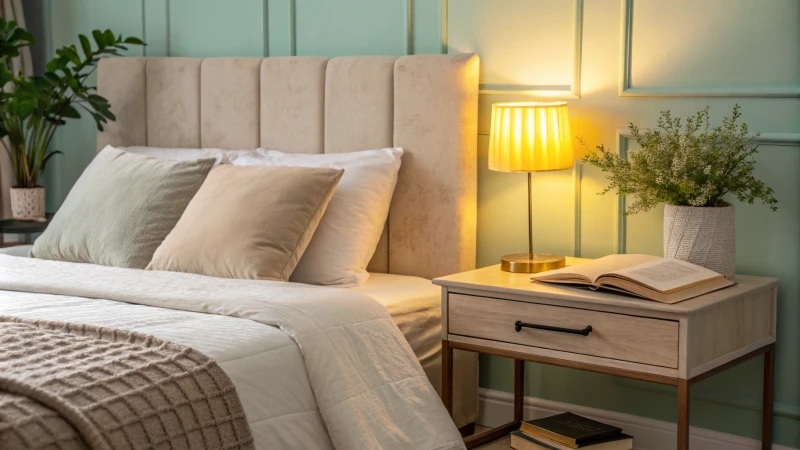 A serene bedroom with soft lighting and a cozy ambiance