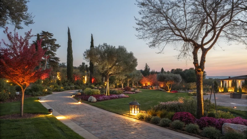 A serene garden illuminated by soft LED lights at twilight