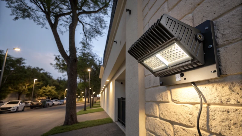 Advanced LED flood light mounted on an outdoor wall during twilight