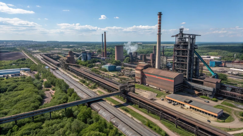 Aerial view of a modern steel manufacturing plant with machinery and green surroundings.