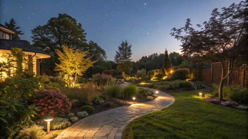 Night view of a beautifully illuminated garden with LED lights