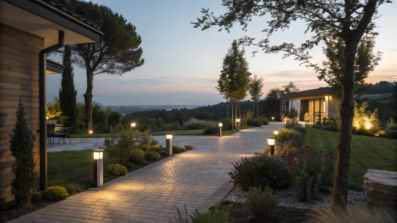 Outdoor driveway and garden illuminated by modern floodlights at dusk