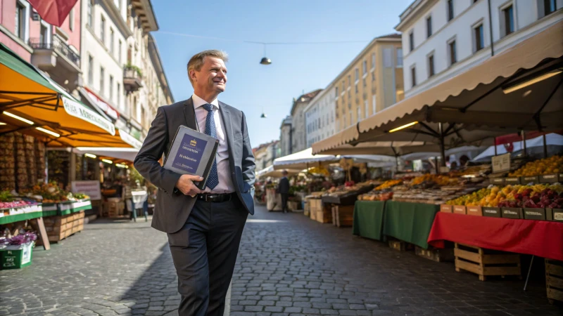 A professional in business attire holding a product with CE certification in a vibrant market.
