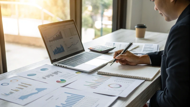 Business professional at a modern desk reviewing proposals