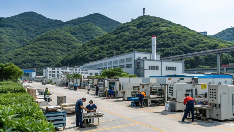 Industrial scene in Zhejiang with factories and green hills