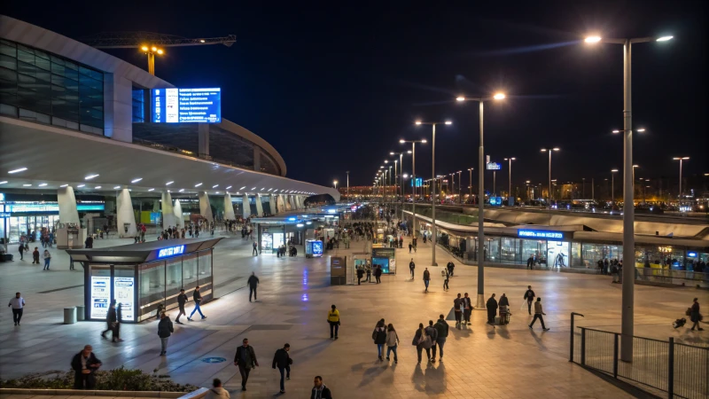 A busy transportation hub at night illuminated by LED lights with travelers moving about.