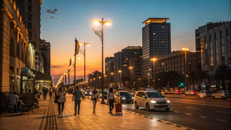 Urban street at dusk with solar street lights and pedestrians