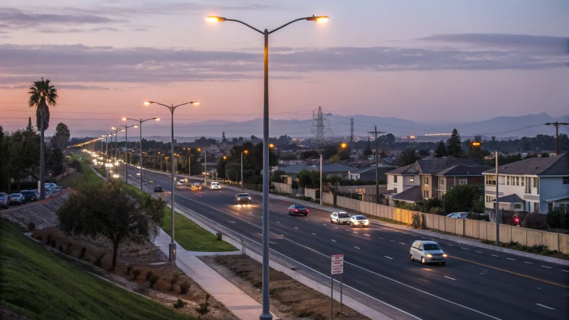 A cityscape at dusk with warm glowing street lights.