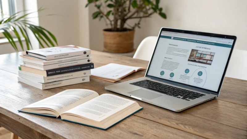 A clean workspace with a wooden table, books, and a laptop