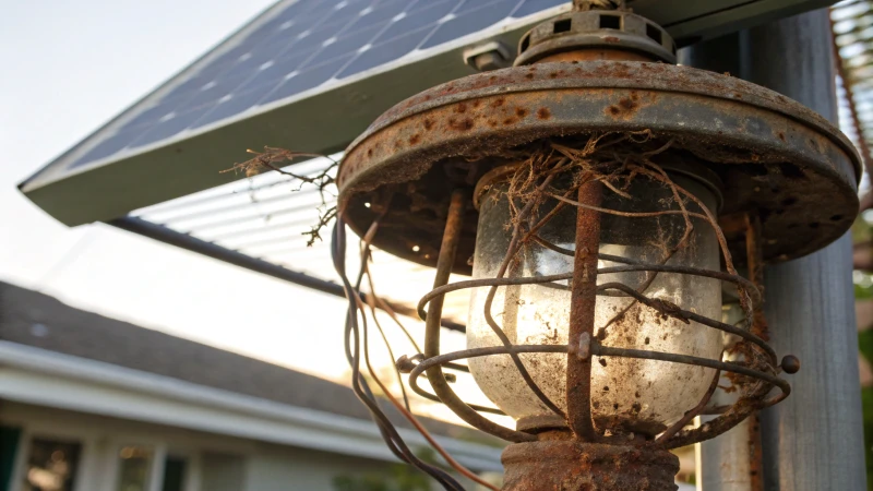 Close-up of a solar light showing corrosion and frayed wires.