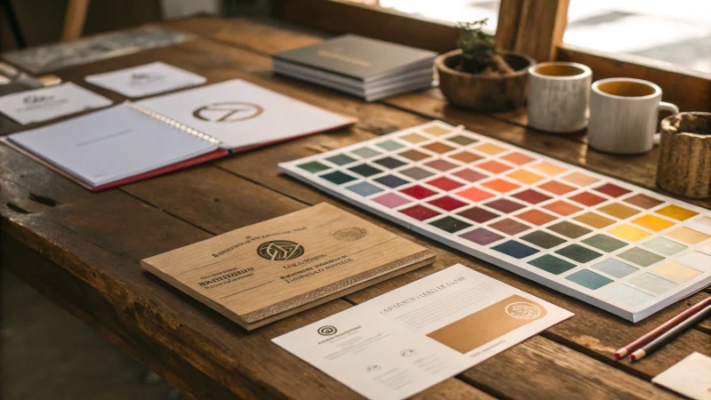 A color palette displayed on a rustic table with branding materials