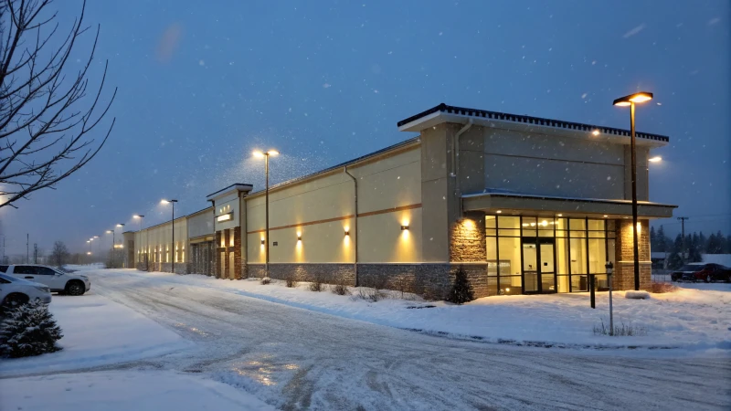 A commercial building in Calgary illuminated by LED lights during winter