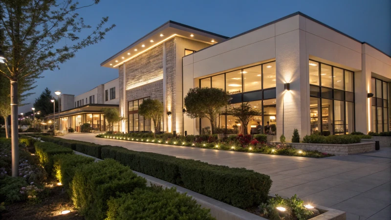 Modern commercial building exterior at night with LED lighting