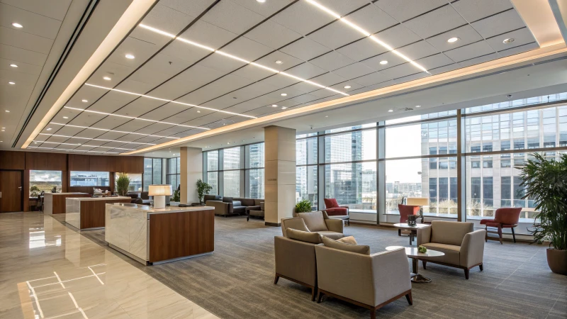 A modern commercial interior space with natural and LED lighting