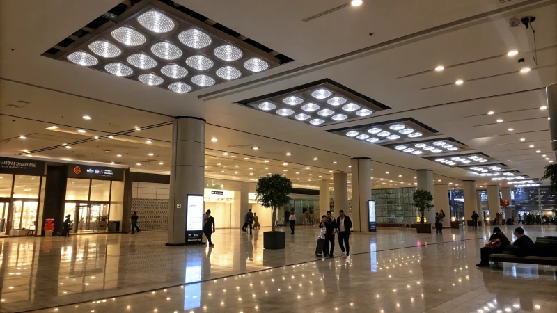Brightly lit commercial space with LED flood lights