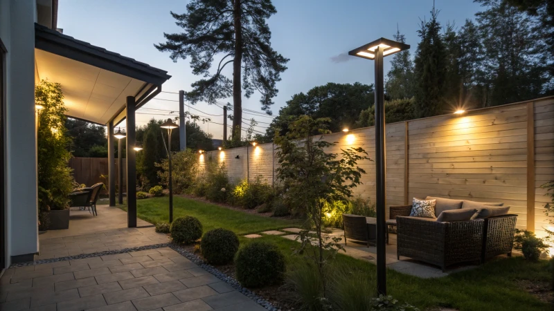 A modern backyard illuminated by LED flood lights at night.