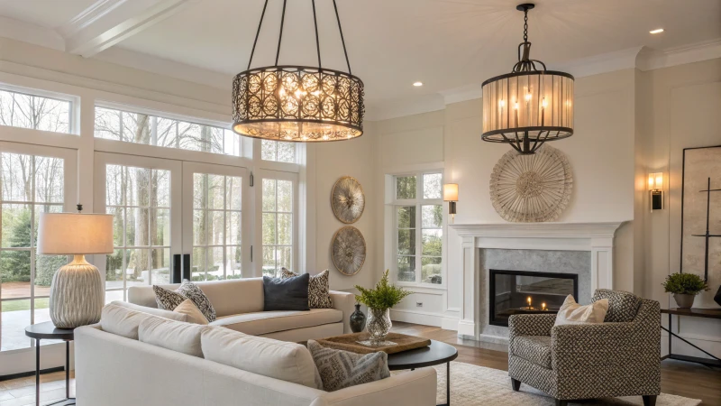 A contemporary living room with personalized lighting fixtures and minimalist furniture.